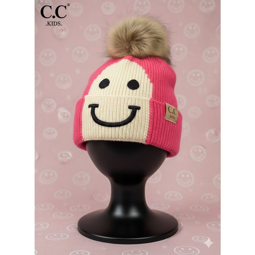 C.C Kids Pink White Smiley Face Fur Pom Pom Cap Hat Beanie OS